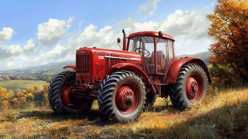 Sunlit red tractor resting in golden autumn fields.