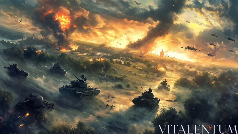 Armored columns advance through blazing sunset battlefield.