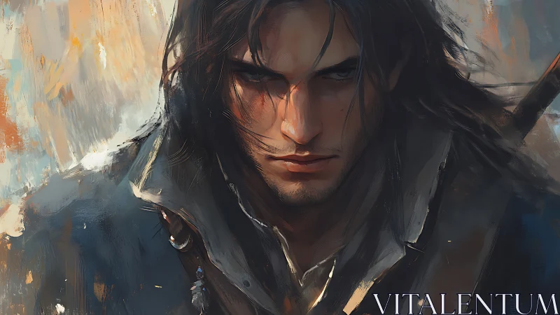 Brooding fantasy rogue stares ahead through stormy colors