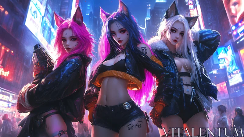 Cyberpunk fox-eared femme trio dominates neon cityscape