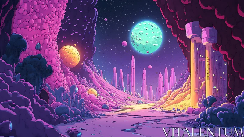 Bioluminescent alien canyon under dual planetary sky at dusk