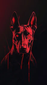 Red neon Doberman portrait with dramatic chiaroscuro lighting.
