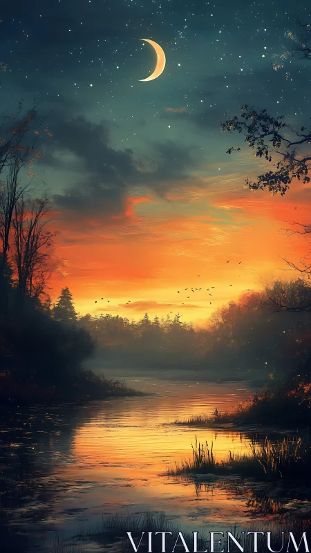 Soft crescent moon watches over a glowing river sunset