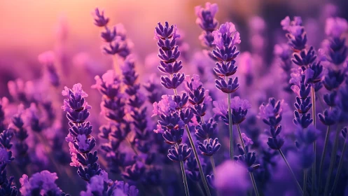 Purple lavender flowers in soft focus field composition
