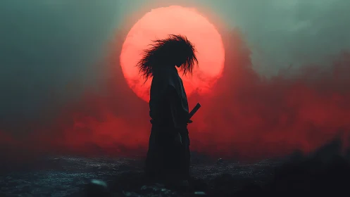 Silhouetted figure stands before red backlit circular sun