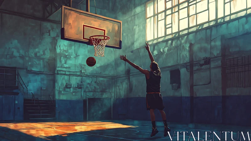 Solo basketball player shoots under golden gym light.