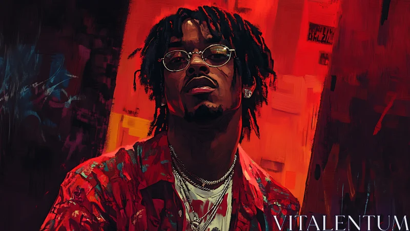 Urban musician stands in bold red neon portrait scene.