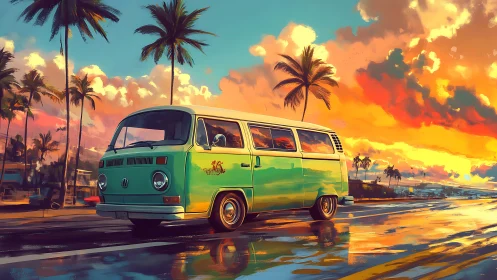 Sunset coastal highway with retro VW van in saturated digital paint