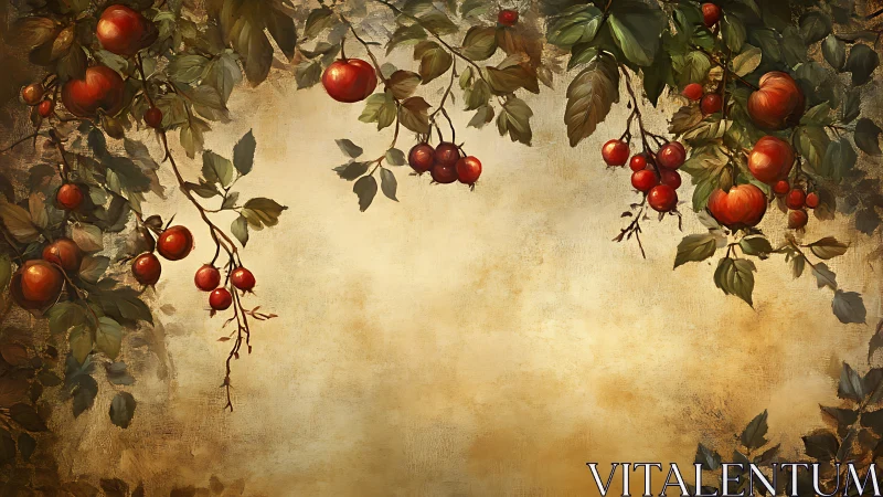 Golden orchard border with hanging apples and quiet light.