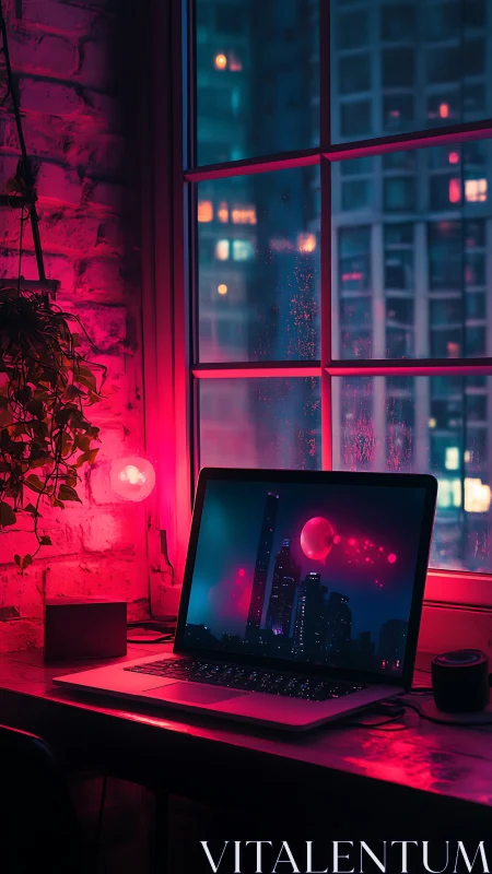 Neon city laptop glows against rainy high-rise window view.