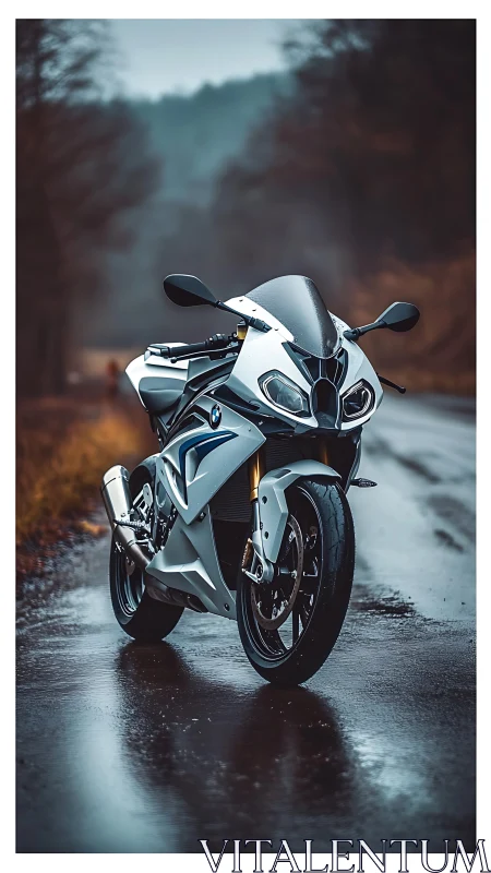 Superbike stands on wet rural road in cinematic shallow focus