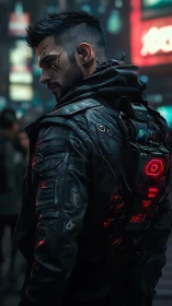Augmented cybernetic operative in neon-lit urban alleyway