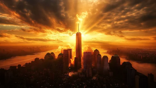 Sunlit skyscraper rises through blazing golden city skies.