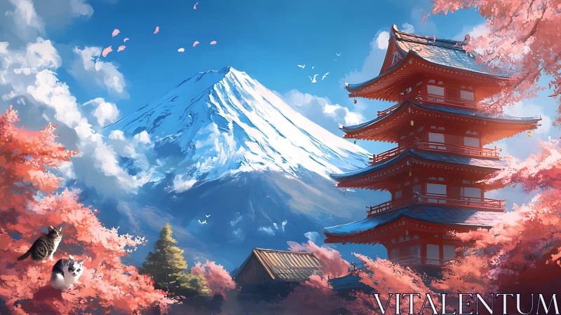 Pagoda, sakura canopy and snow-capped stratovolcano vista.