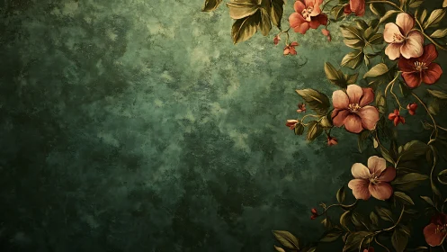 Vintage florals bloom across distressed green canvas wall.