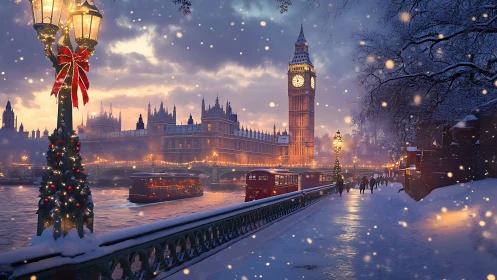 Snowy London riverside glowing with cozy festive lights.