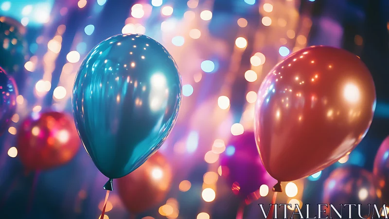 Metallic Balloons Float Through Vibrant Neon Bokeh Lights.
