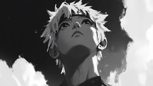 Monochrome anime hero gazing upward into high contrast sky.