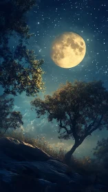 Moonlit hillside under glowing night sky panorama.