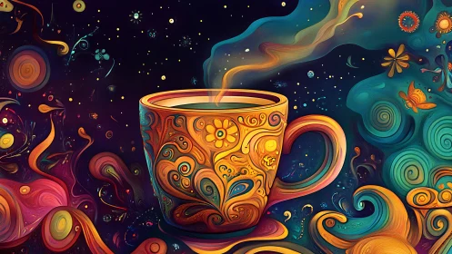 Ornate coffee cup amid abstract swirling cosmic forms.