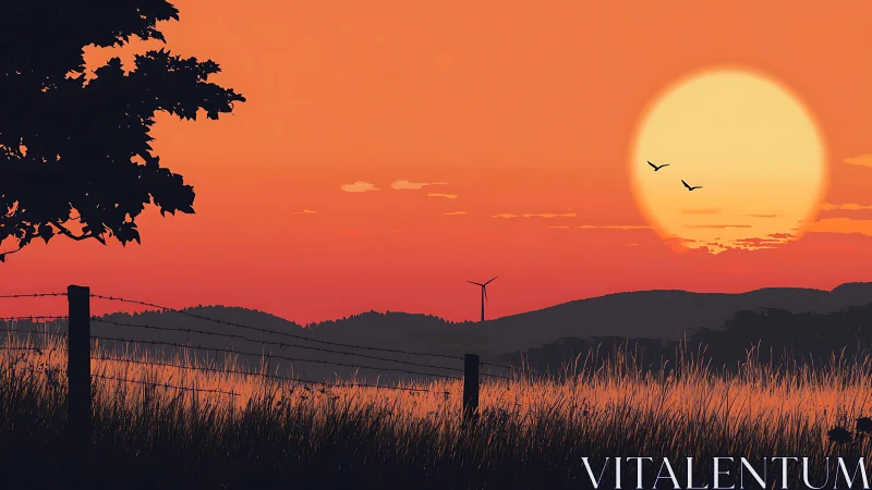 Sunset illuminates rural hills, fence line and distant turbine
