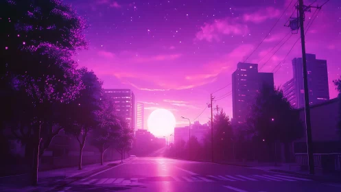 Neon dusk boulevard under candy violet moonrise glow.