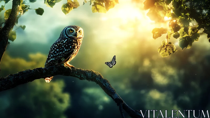 Owl on Branch Watching Butterfly in Dreamy Forest Light.
