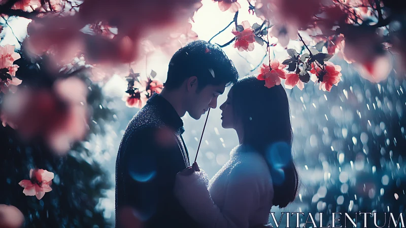 Silhouetted couple beneath flowering branches in rain.