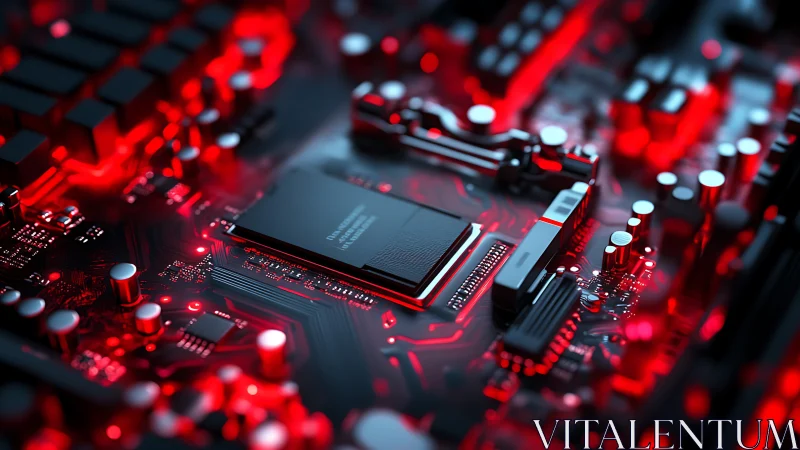 Red-illuminated motherboard renders central processor under shallow depth