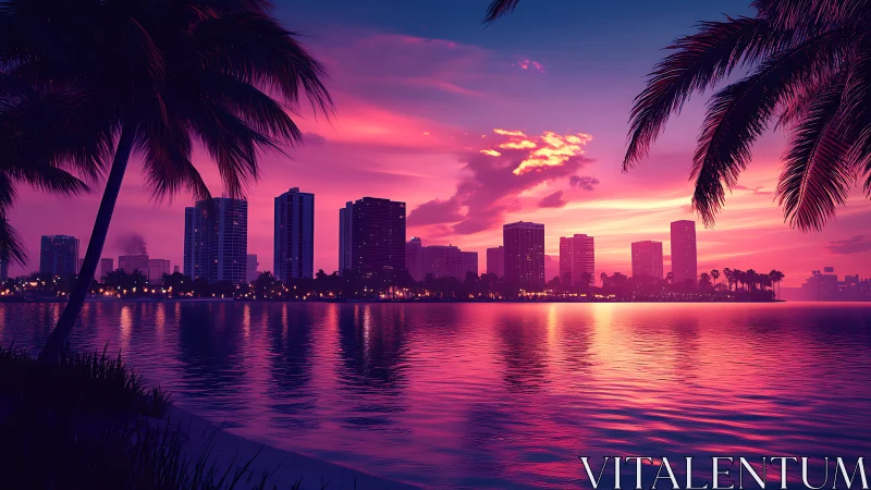 Neon sunset paints a tropical city skyline in glossy silence