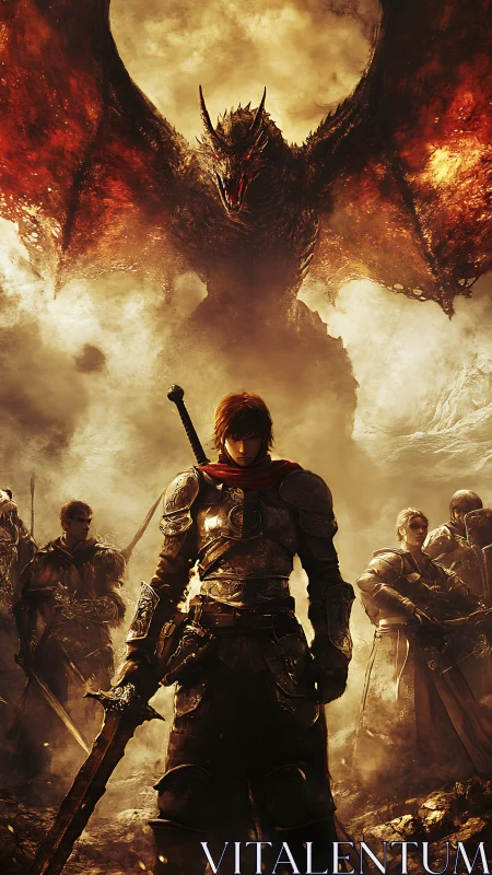 Dragonfire dawn over steel-clad heroes in molten skies.