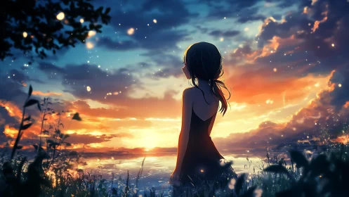 Girl watches luminous sunset over reflective lake horizon.