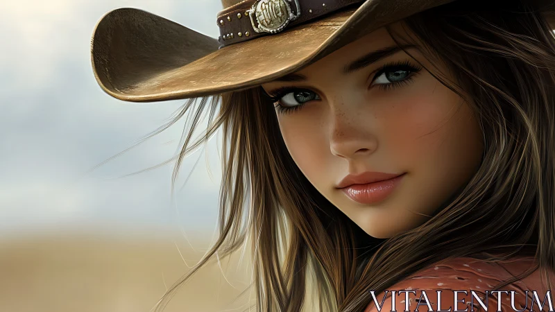 Digital portrait of young woman in wide-brimmed cowboy hat.