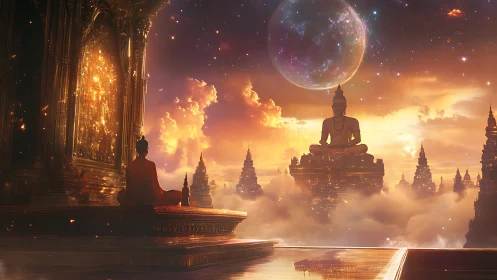 Monk observes floating Buddha statues above cloud temples