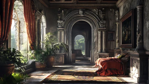 Sunlit gothic corridor unfolds into a lush secret garden