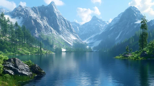 Snowcapped mountain range reflected in clear alpine lake.