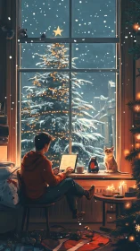 Person uses laptop indoors while snow falls outside window