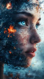 Ethereal blue gaze with butterflies glowing in swirling ash.