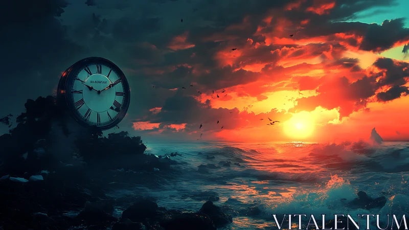 Surreal seascape clock marks time against a burning sunset sky