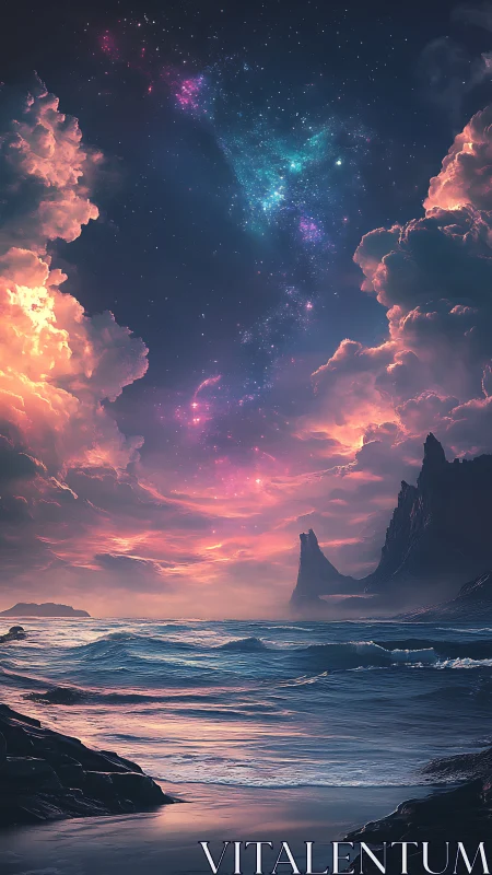 Starlit ocean horizon under luminous nebula clouds.