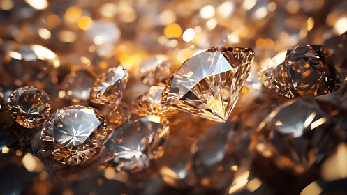 Close view of cut diamonds on warm glowing surface.