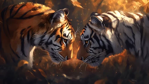Two Tigers Face to Face in Dramatic Golden Firelight