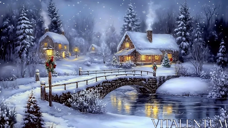 Snow-covered cottages, stone bridge and river at night.