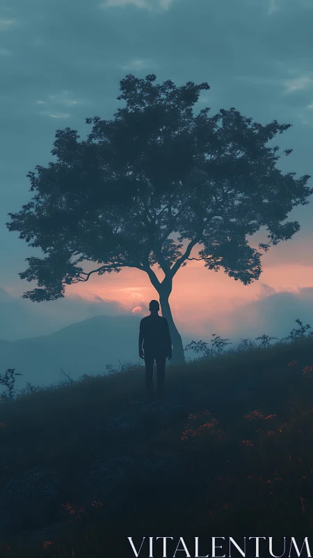 Silhouetted figure beneath solitary tree at muted sunset.