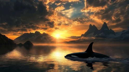 Orca glides through fiery polar sunset beneath stormy clouds.