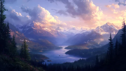 Sunlit alpine lake valley under towering cloud-draped peaks.