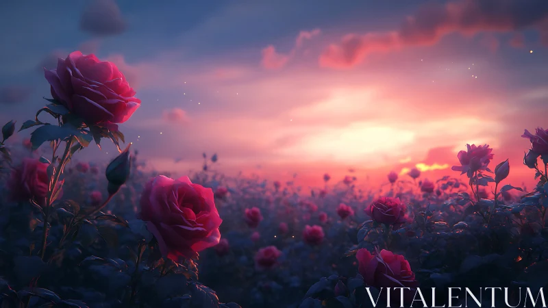 Red roses bloom in golden sunset field landscape scene