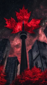 Skyward maple nebula crowns a scarlet urban skyline.