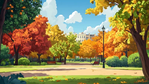 Sunlit city park stroll beneath a canopy of autumn color.