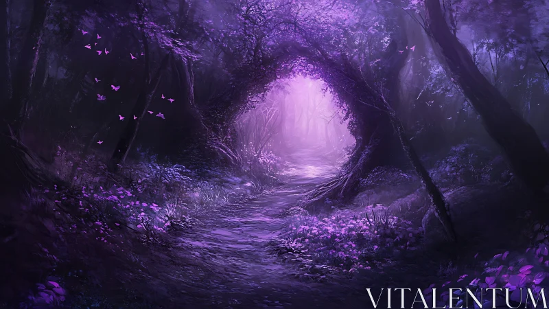 Cavern passage with purple luminescence and botanical elements
